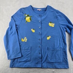 Palm Harbor Cardigan Women Large Embroidered Lemon Blue Button Front Pockets